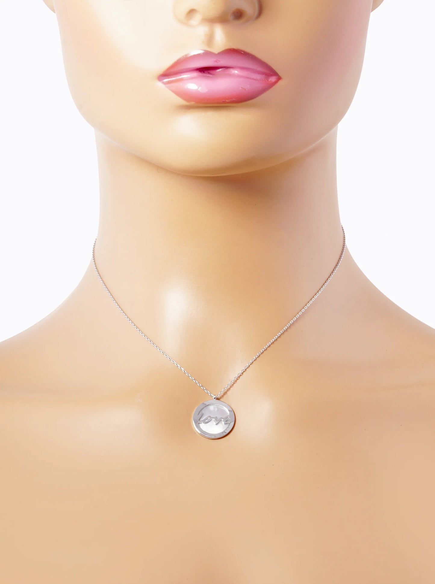 White Gold Dipped Love MOP Round Pendant Necklace
