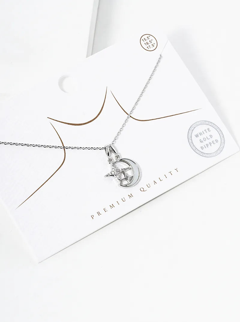 White Gold Dipped MOP Crescent Moon Pendant Necklace