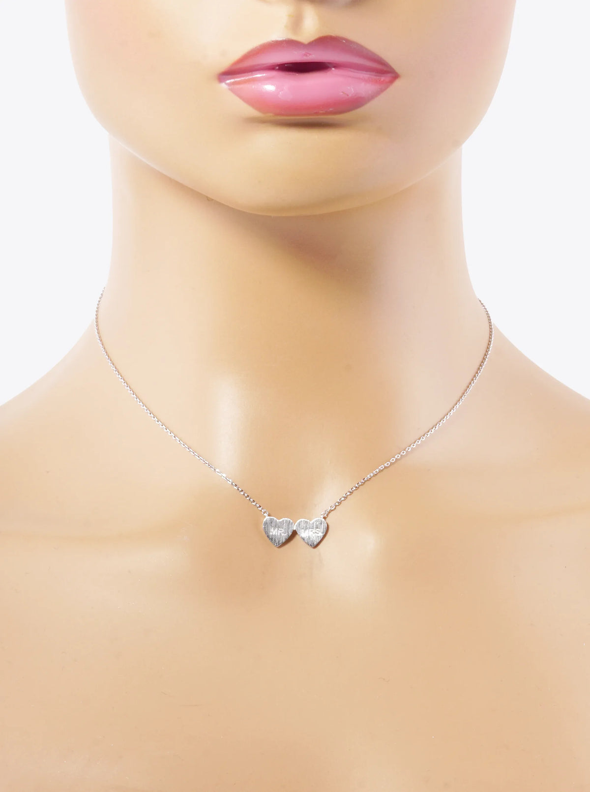 White Gold Dipped Mr And Mrs Engraved Two Heart Pendant Necklace