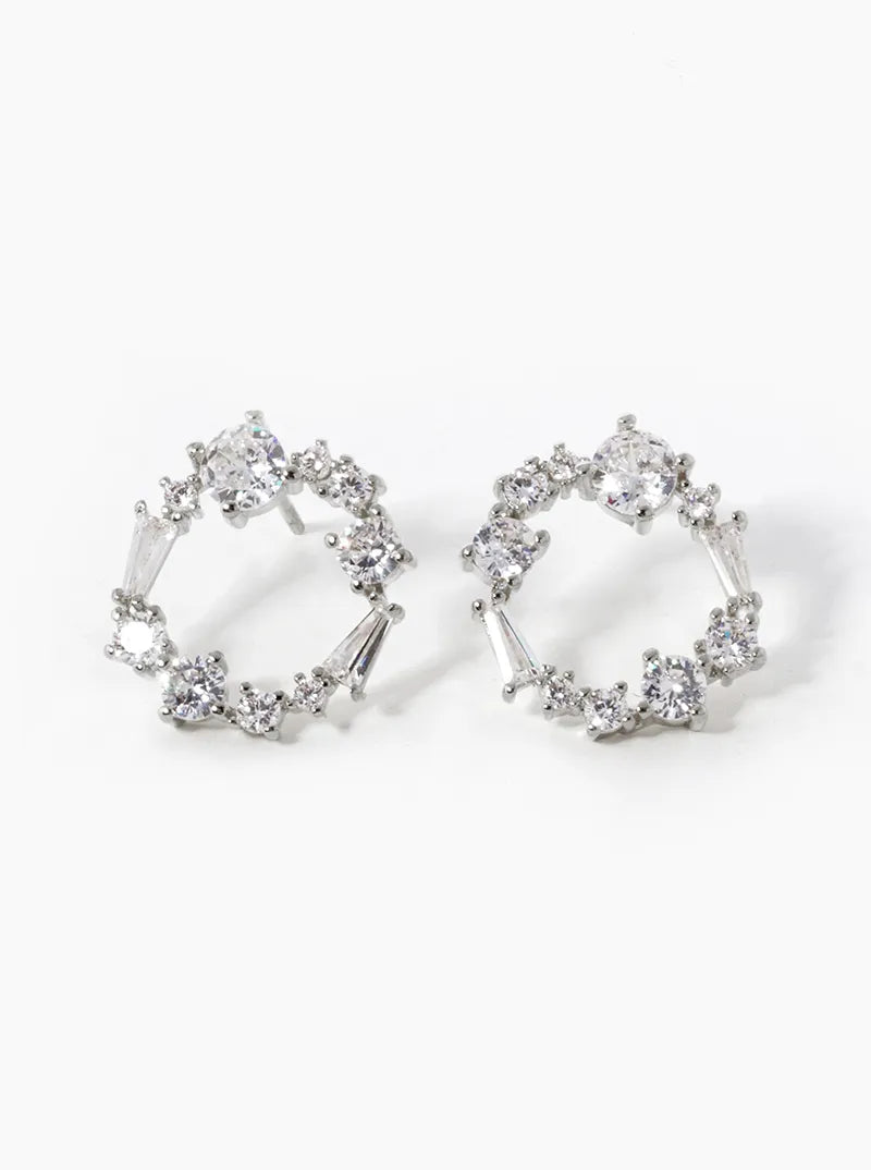 White Gold Dipped Multi Shape CZ Pave Circle Stud Earrings