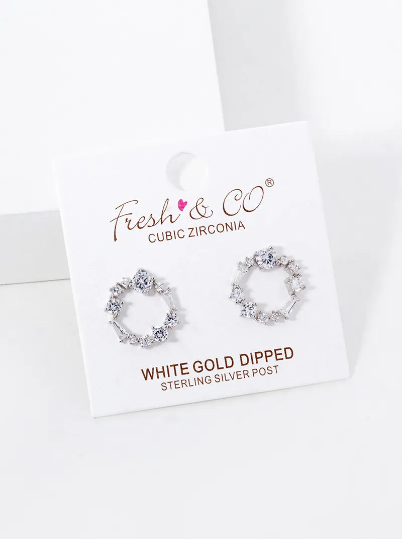 White Gold Dipped Multi Shape CZ Pave Circle Stud Earrings