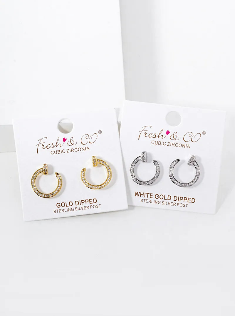 White Gold Dipped Multi Shape CZ Pave Circle Stud Earrings