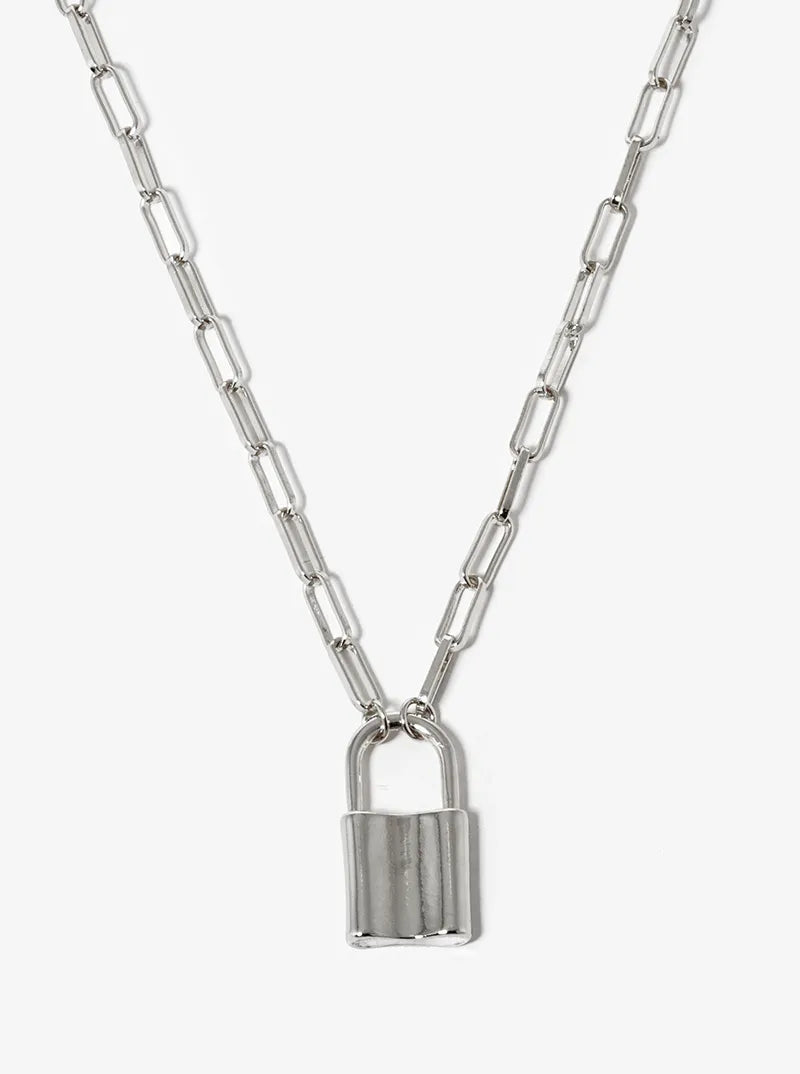White Gold Dipped Padlock Pendant Chain Necklace