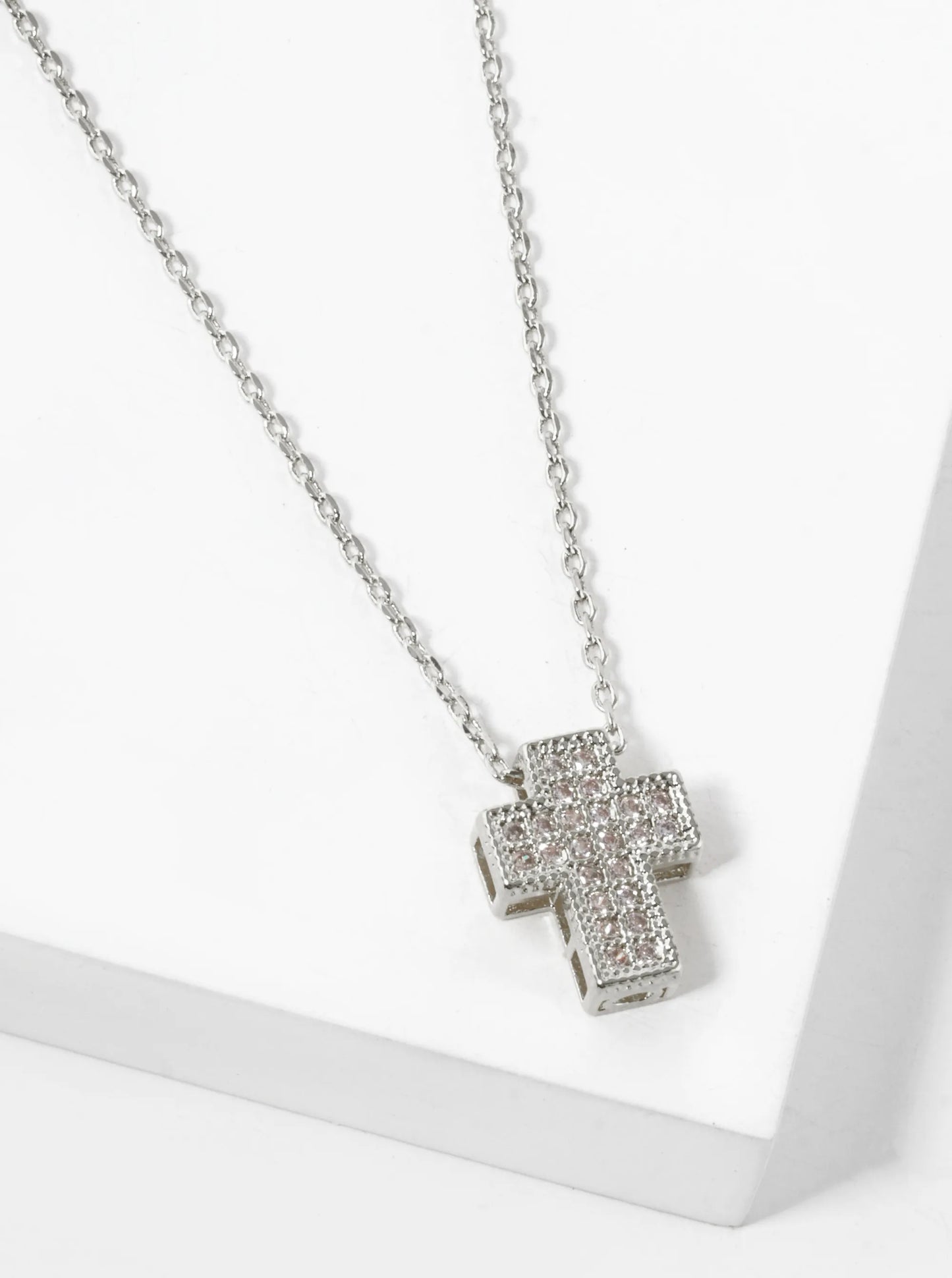 White Gold Dipped Pave Cubic Zirconia 11mm Cross Pendant Necklace