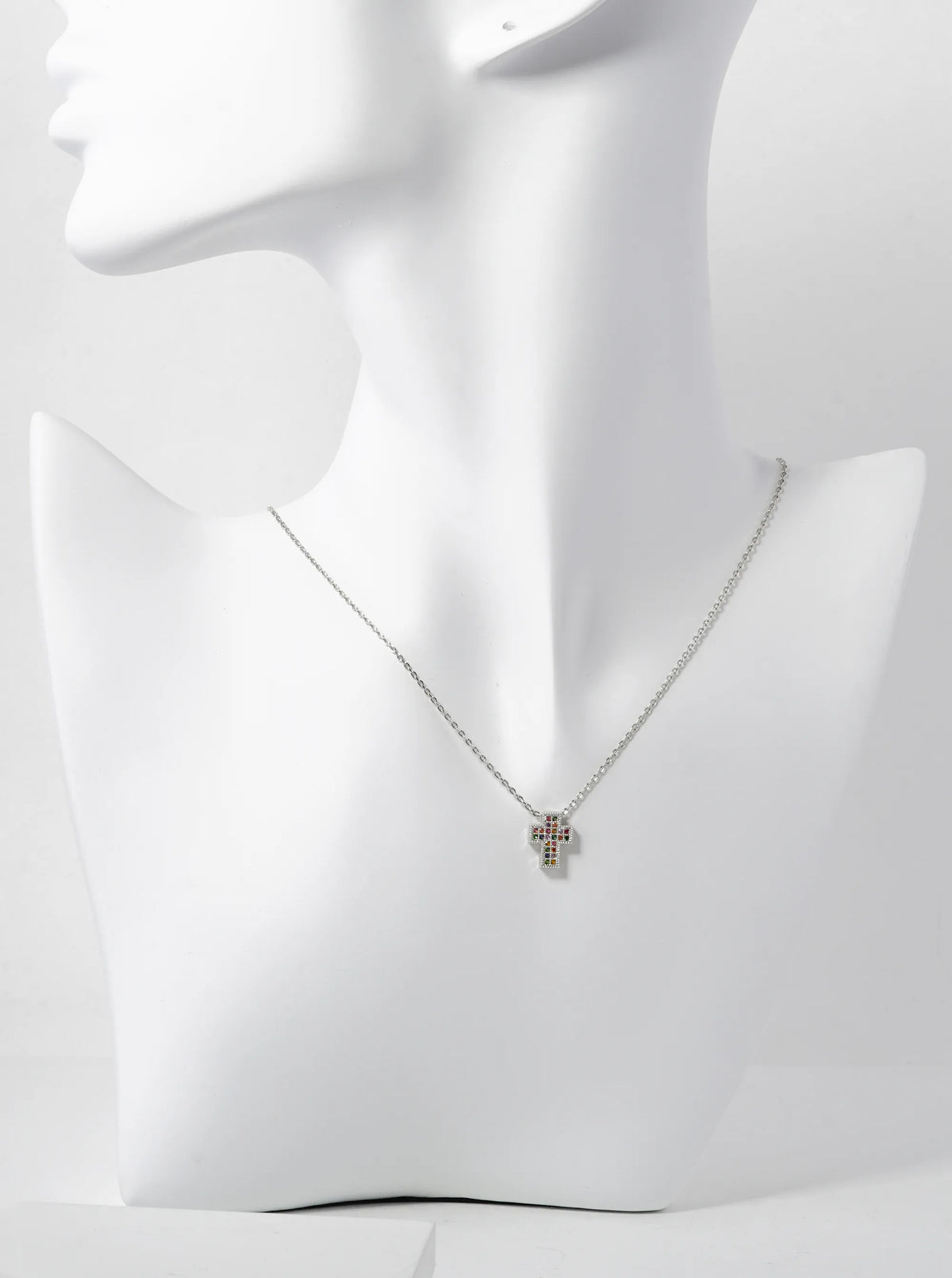 White Gold Dipped Pave Cubic Zirconia 11mm Cross Pendant Necklace