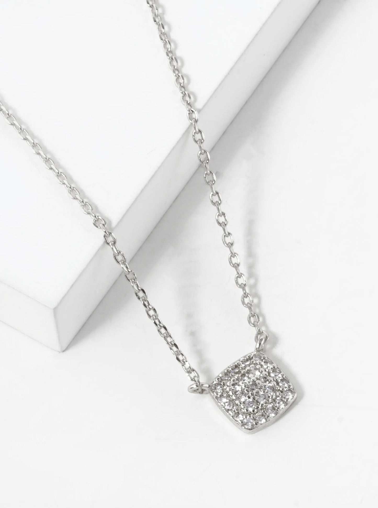 White Gold Dipped Pave Cubic Zirconia 6mm Square Pendant Necklace