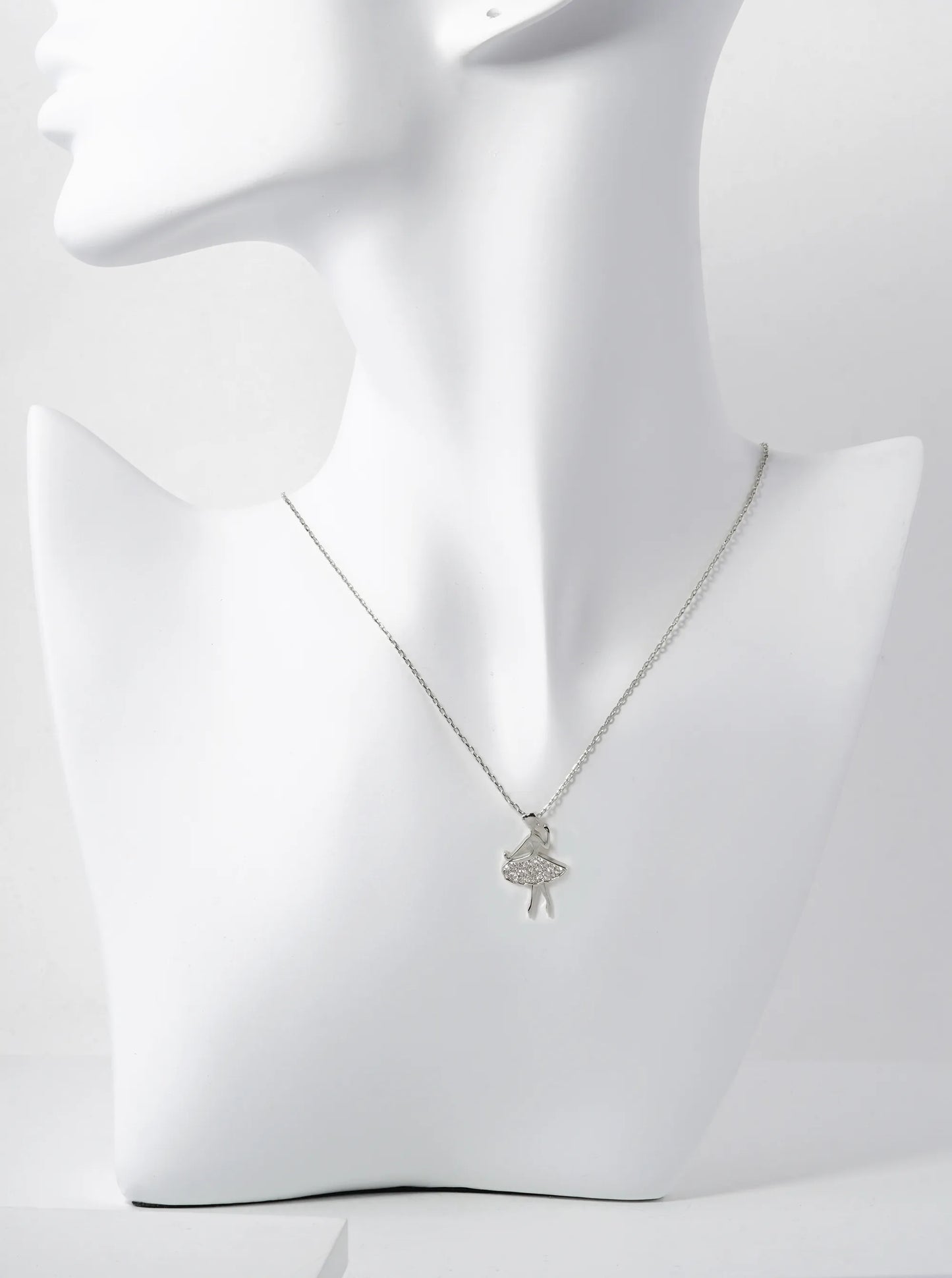 White Gold Dipped Pave Cubic Zirconia Ballerina Pendant Necklace
