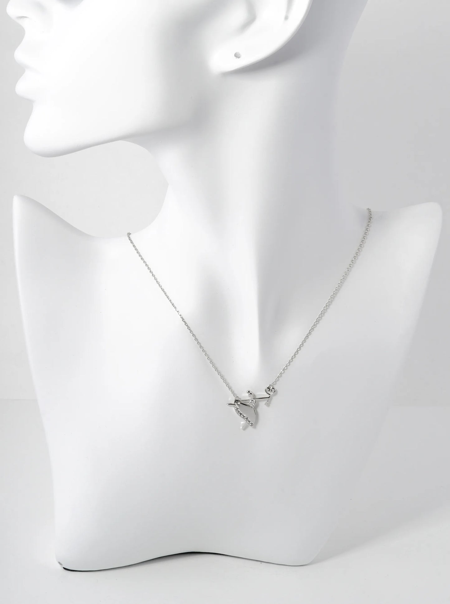 White Gold Dipped Pave Cubic Zirconia Heart Key Grabbed Ballerina Pendant Necklace