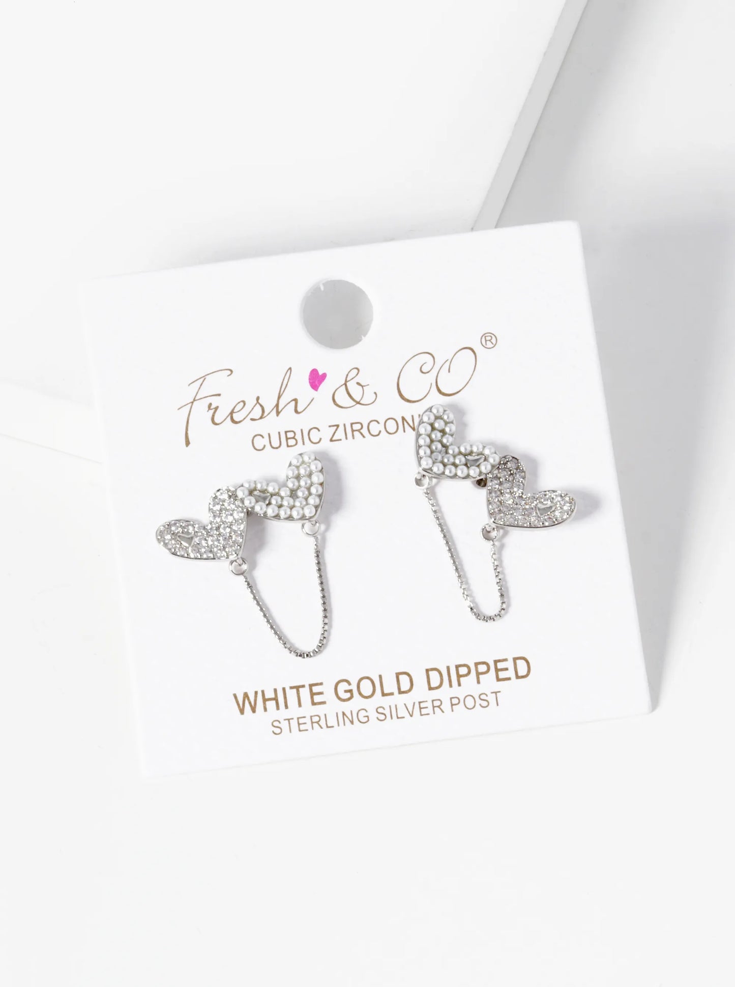 White Gold Dipped Pearl And CZ Pave Double Heart Chain Stud Earrings