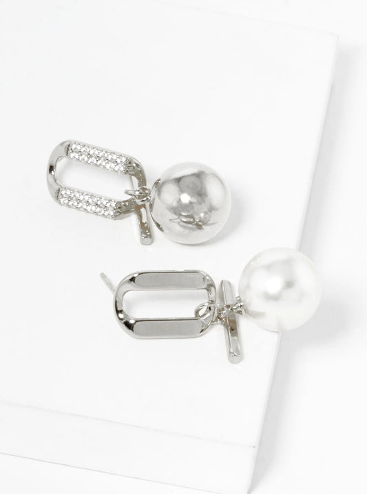 White Gold Dipped Pearl And Metal Ball Drop CZ Pave Uneven Dangle Earrings