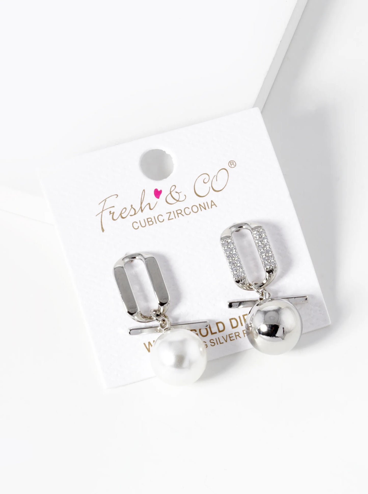 White Gold Dipped Pearl And Metal Ball Drop CZ Pave Uneven Dangle Earrings