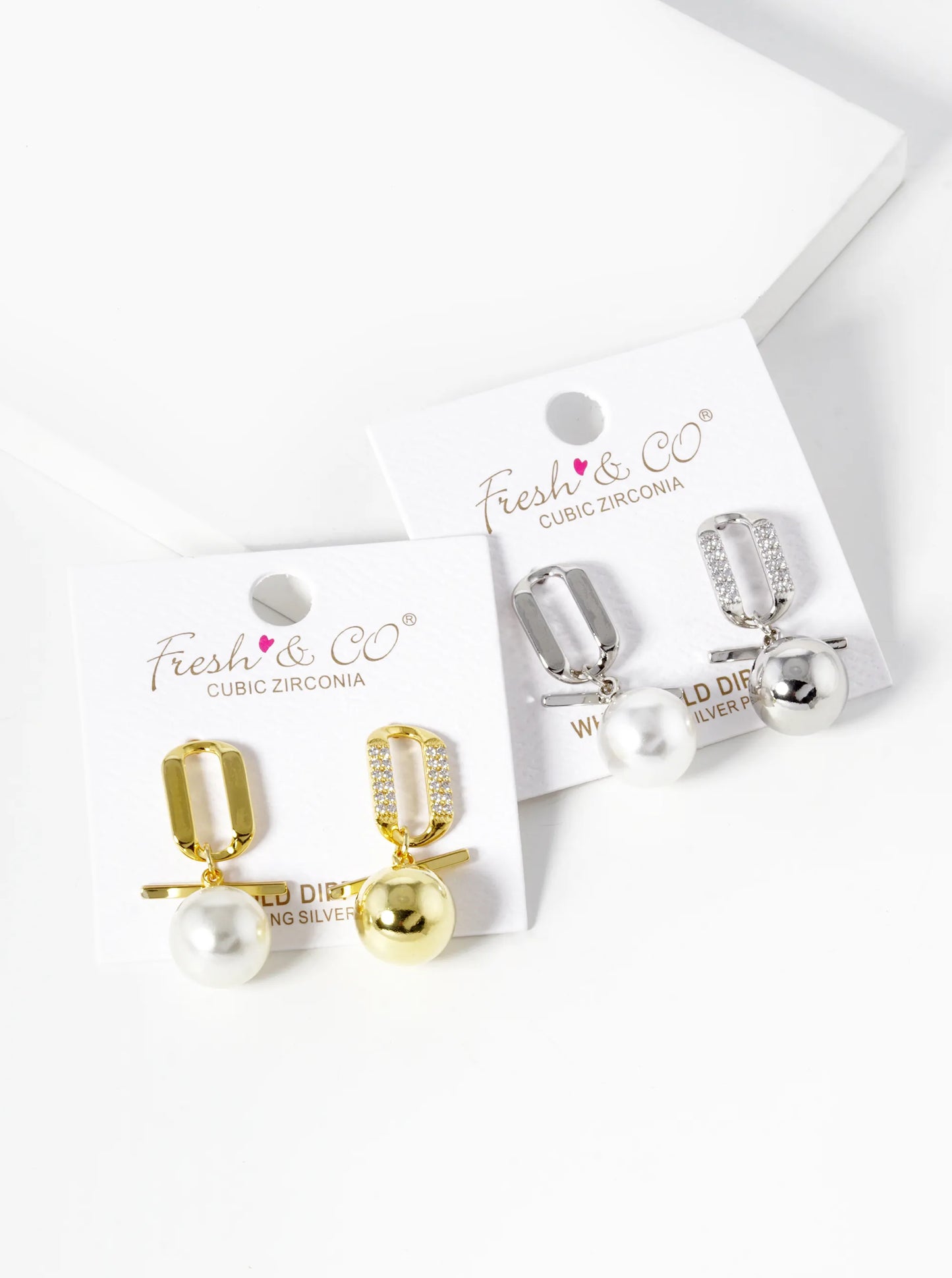 White Gold Dipped Pearl And Metal Ball Drop CZ Pave Uneven Dangle Earrings