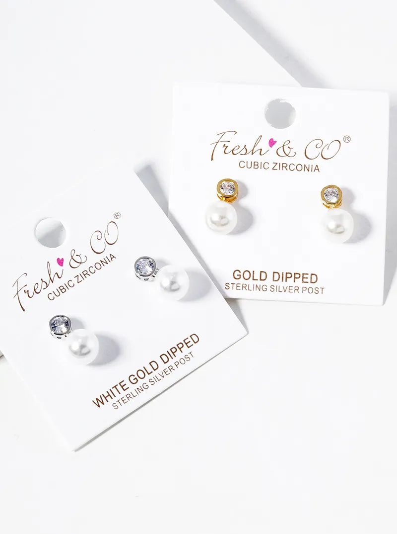 White Gold Dipped Pearl Bead Drop Bezel Set CZ Post Stud Earrings