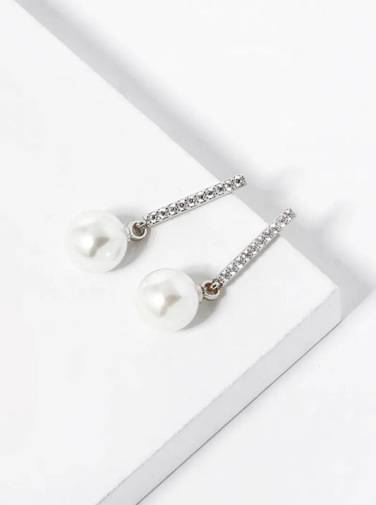 White Gold Dipped Pearl Bead Drop CZ Pave Bar Dangle Earrings