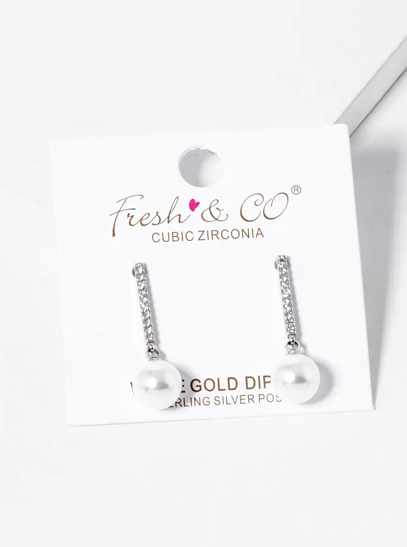 White Gold Dipped Pearl Bead Drop CZ Pave Bar Dangle Earrings