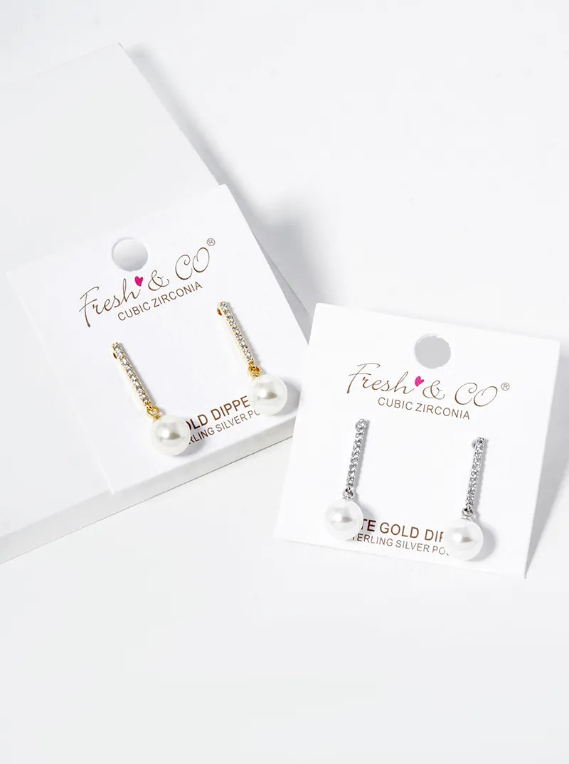 White Gold Dipped Pearl Bead Drop CZ Pave Bar Dangle Earrings
