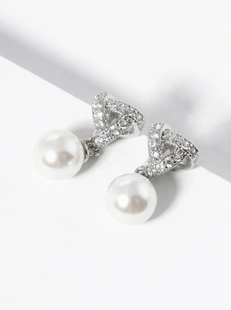 White Gold Dipped Pearl Bead Drop CZ Pave Triangle Dangle Post Earrings