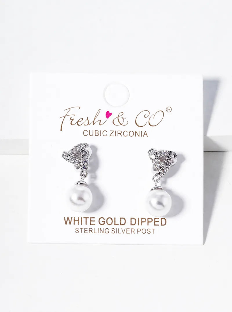 White Gold Dipped Pearl Bead Drop CZ Pave Triangle Dangle Post Earrings