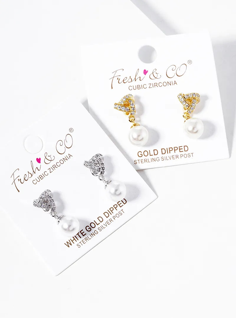 White Gold Dipped Pearl Bead Drop CZ Pave Triangle Dangle Post Earrings