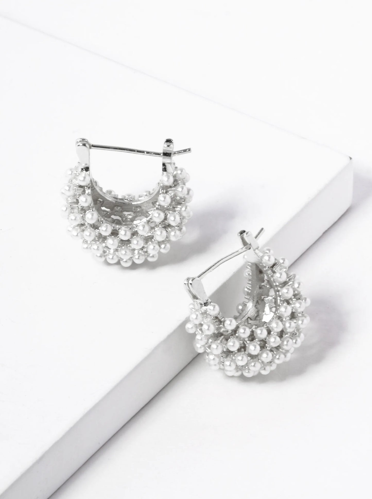 White Gold Dipped Pearl Beaded 3D Latch Back Hoop Earrings