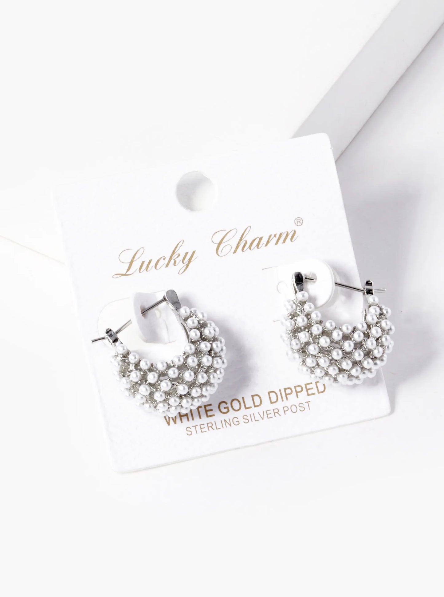 White Gold Dipped Pearl Beaded 3D Latch Back Hoop Earrings