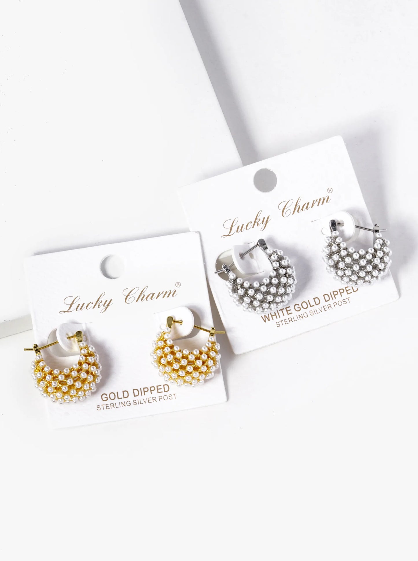 White Gold Dipped Pearl Beaded 3D Latch Back Hoop Earrings