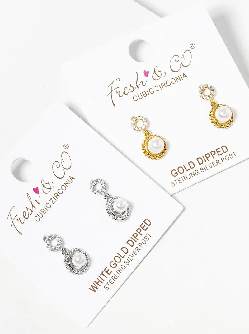 White Gold Dipped Pearl Beads Drop CZ Pave Circle Post Dangle Earrings