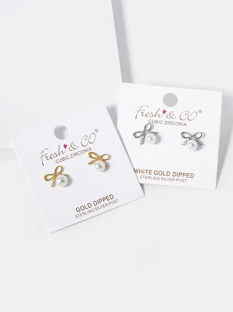 White Gold Dipped Pearl Drop CZ Pave Ribbon Bow Stud Earrings