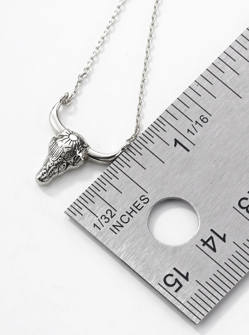 White Gold Dipped Picturesque Scene Engraved Bull Head Pendant Necklace
