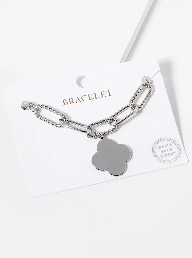 White Gold Dipped Quatrefoil Charm Chain Bracelet