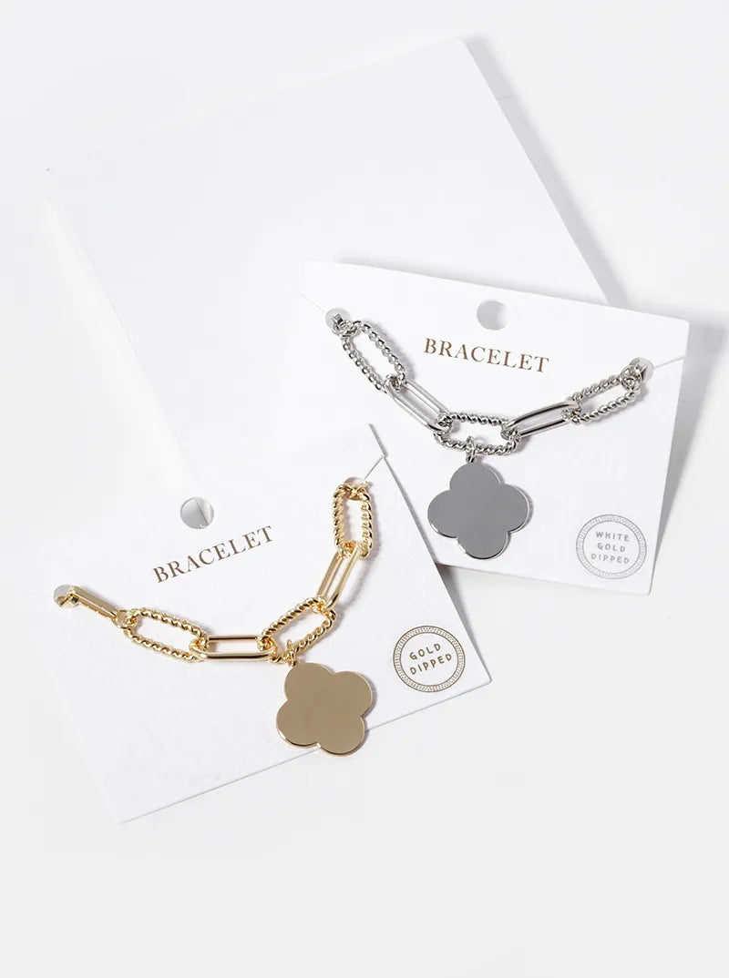 White Gold Dipped Quatrefoil Charm Chain Bracelet