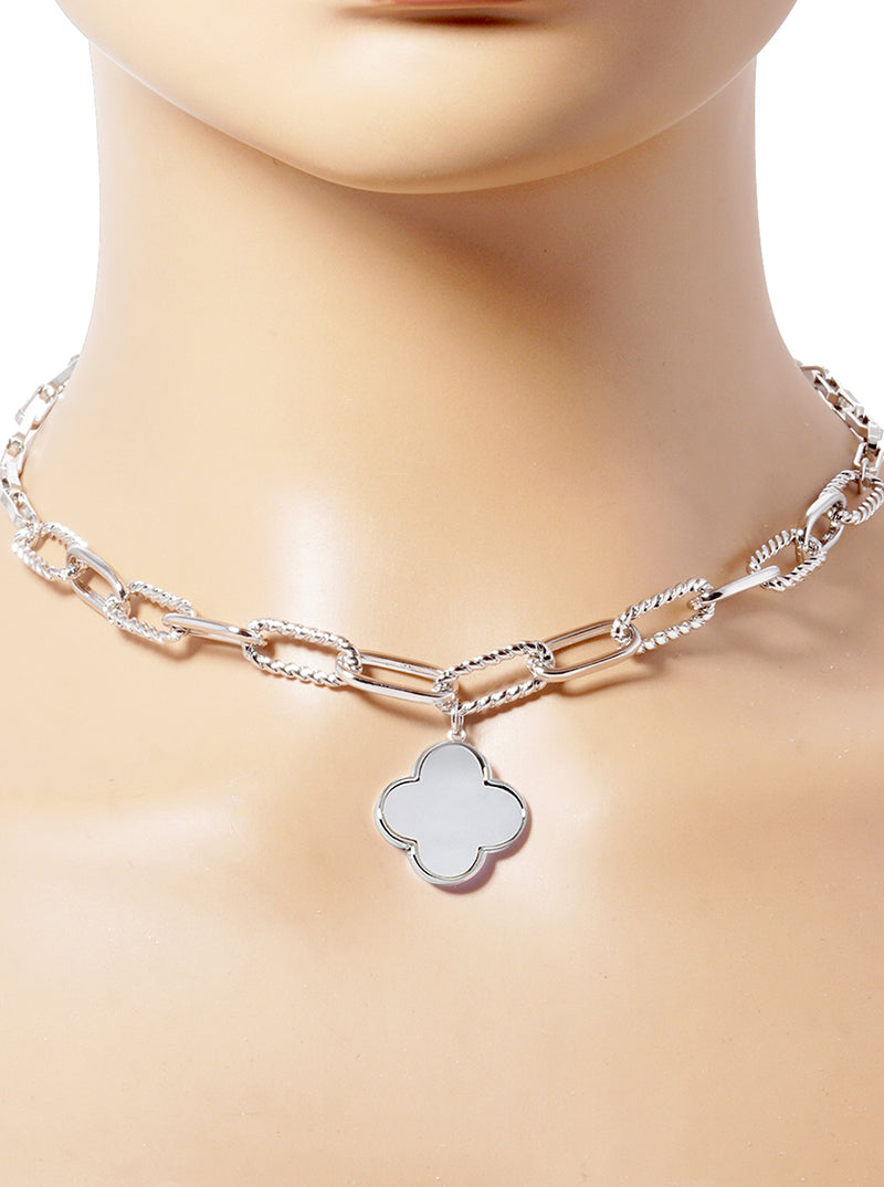 White Gold Dipped Quatrefoil Pendant Link Chain Necklace