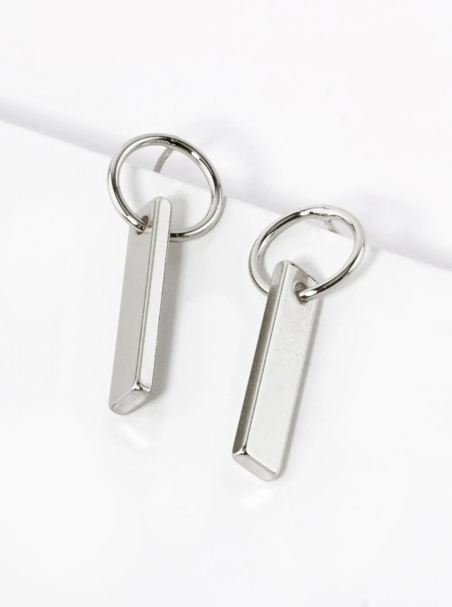White Gold Dipped Rectangle Bar Drop Circle Post Earrings