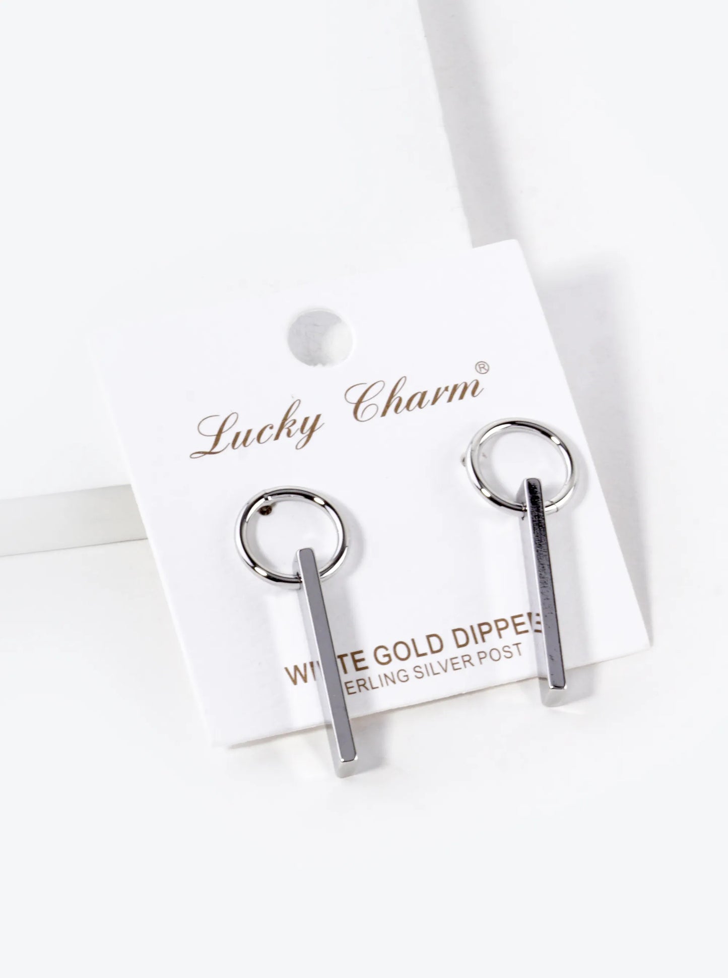 White Gold Dipped Rectangle Bar Drop Circle Post Earrings
