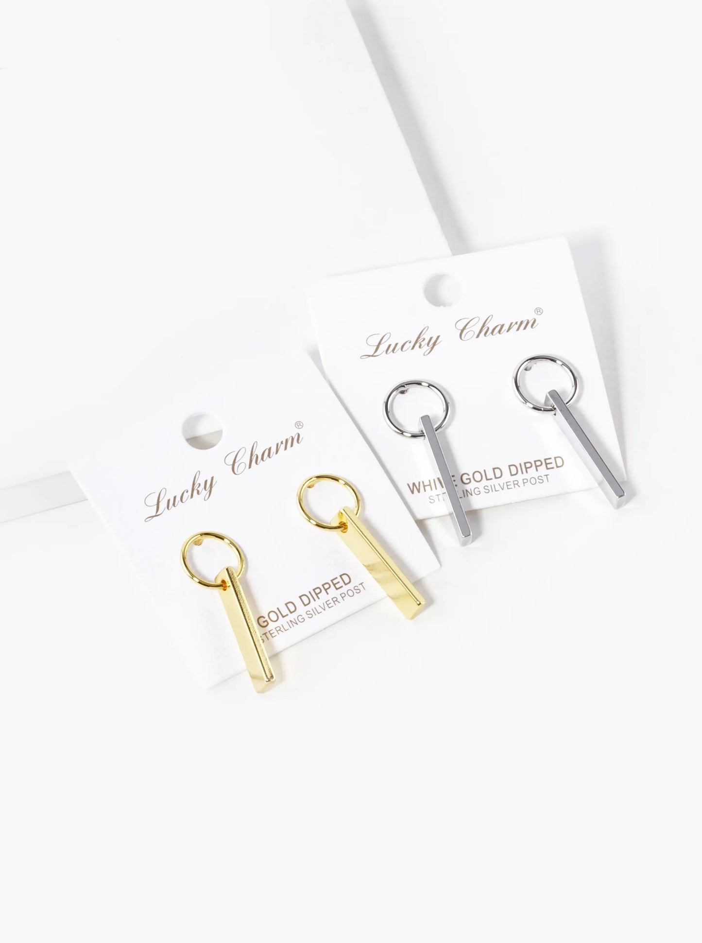 White Gold Dipped Rectangle Bar Drop Circle Post Earrings