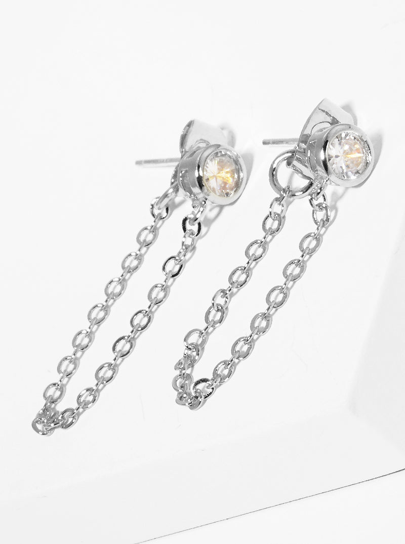 White Gold Dipped Round Bezel CZ Chain Post Earrings With Sterling Silver Post