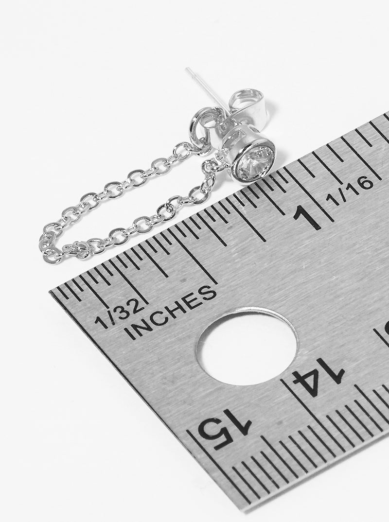 White Gold Dipped Round Bezel CZ Chain Post Earrings With Sterling Silver Post