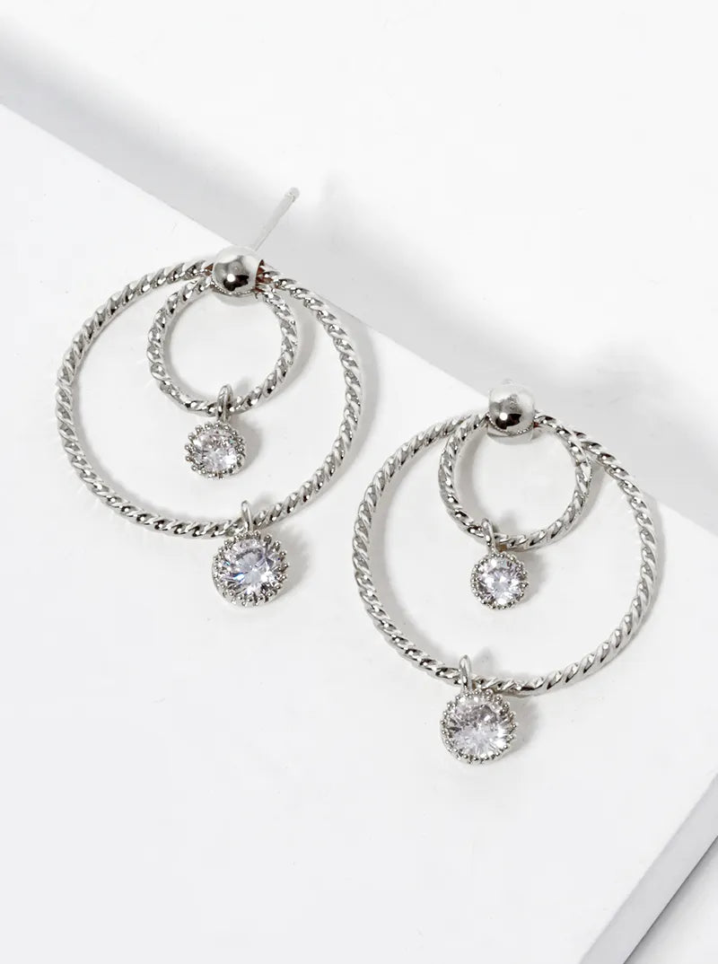 White Gold Dipped Round CZ Drop Double Circle Post Earrings