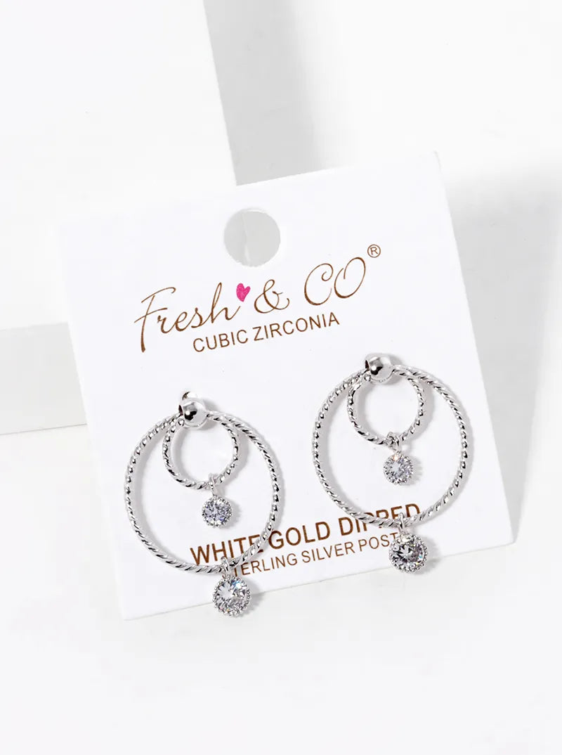 White Gold Dipped Round CZ Drop Double Circle Post Earrings