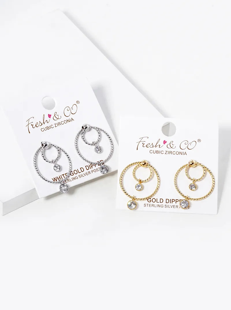White Gold Dipped Round CZ Drop Double Circle Post Earrings