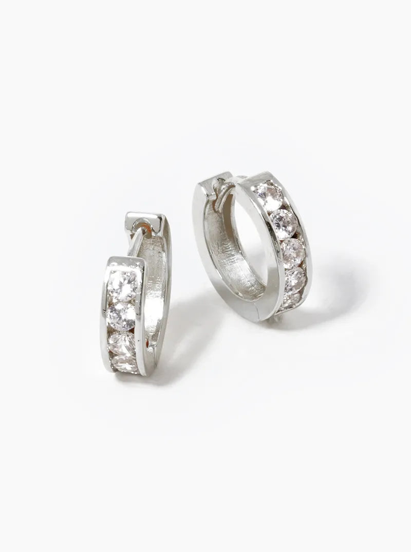 White Gold Dipped Round CZ Pave 12mm Huggie Hoop Earrings