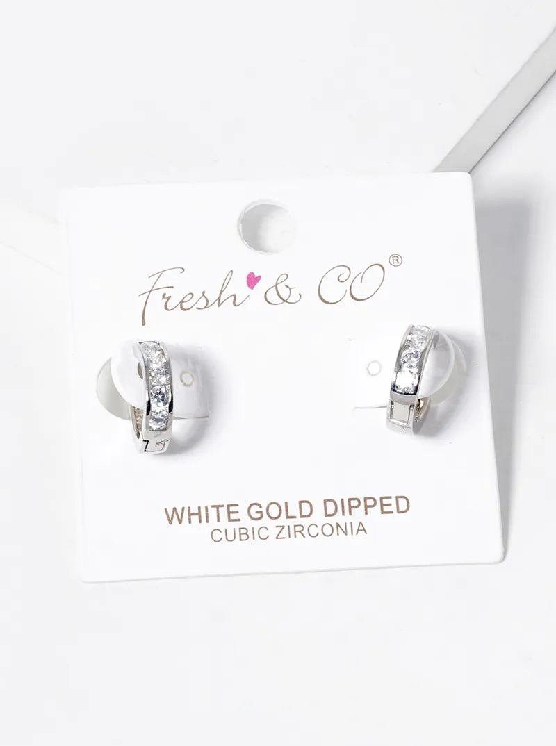 White Gold Dipped Round CZ Pave 12mm Huggie Hoop Earrings