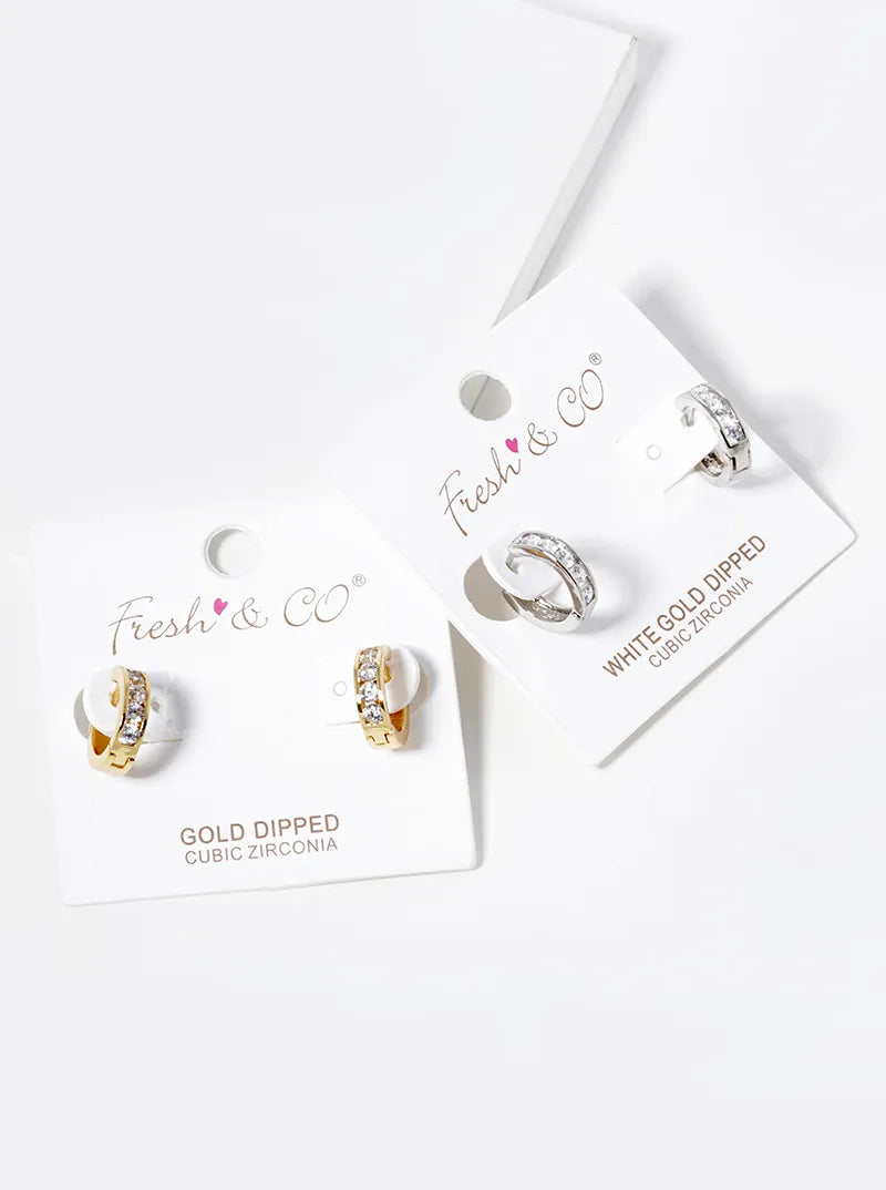 White Gold Dipped Round CZ Pave 12mm Huggie Hoop Earrings