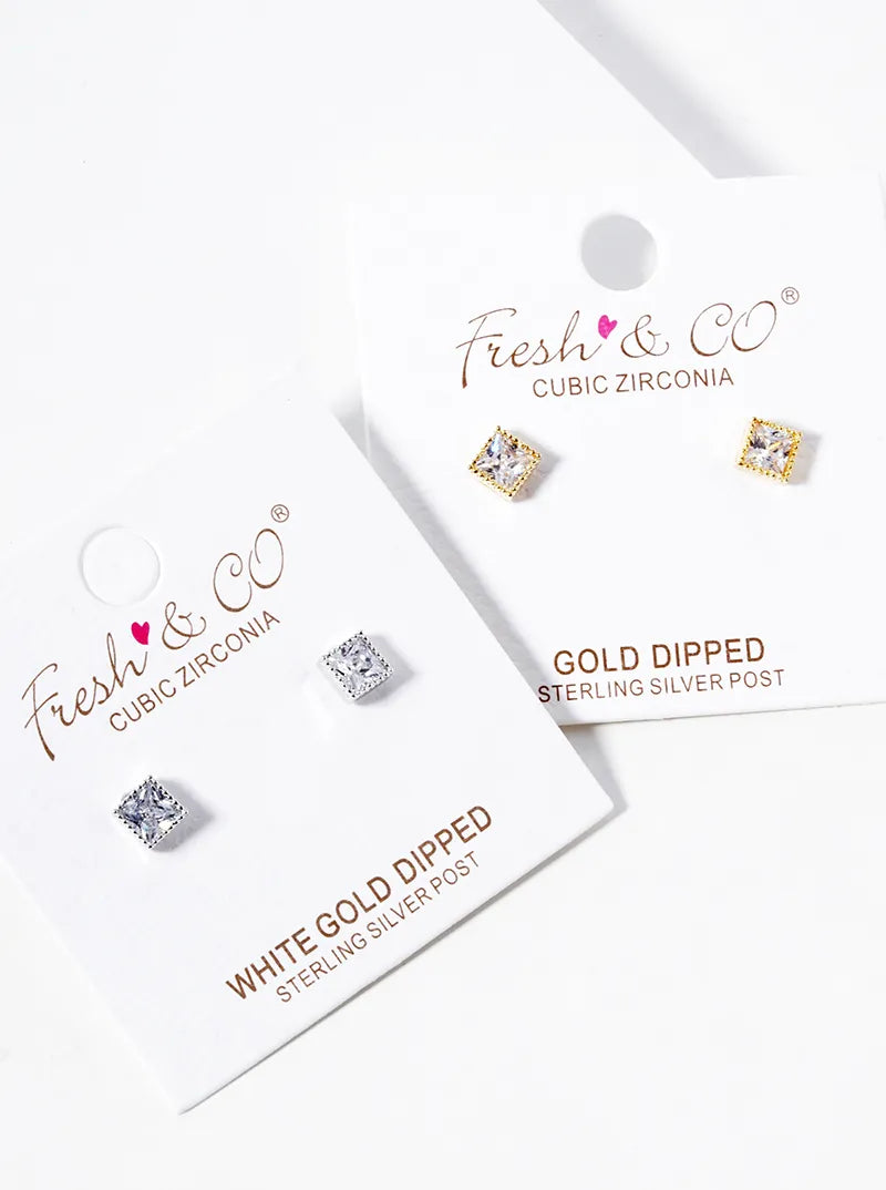White Gold Dipped Square 4mm CZ Stone Post Stud Earrings