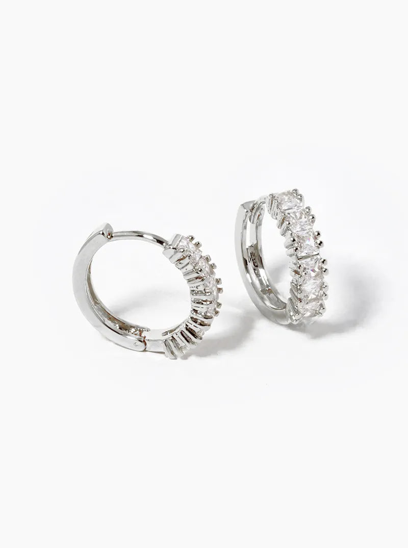 White Gold Dipped Square CZ Pave 12mm Huggie Hoop Earrings