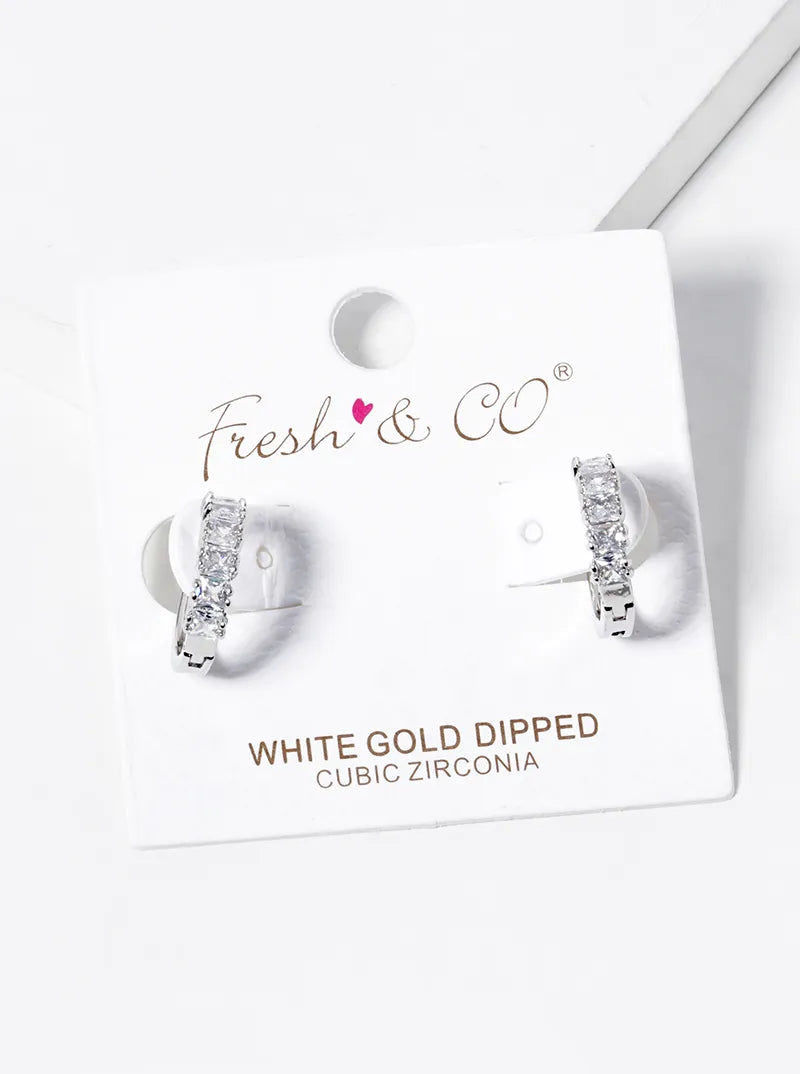 White Gold Dipped Square CZ Pave 12mm Huggie Hoop Earrings