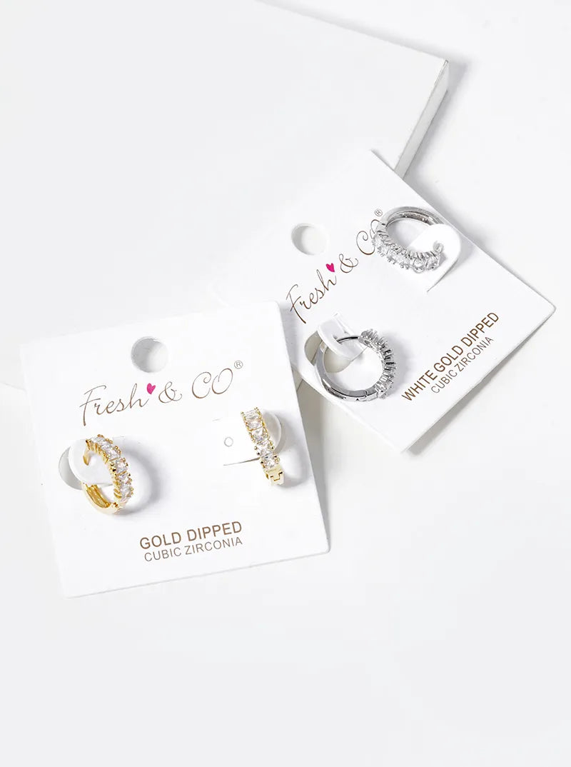 White Gold Dipped Square CZ Pave 12mm Huggie Hoop Earrings