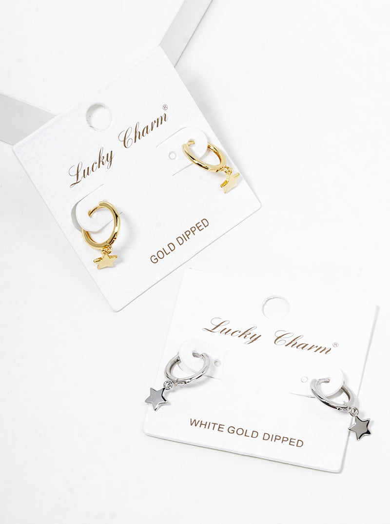 White Gold Dipped Star Drop 10mm Huggie Hoop Earrings