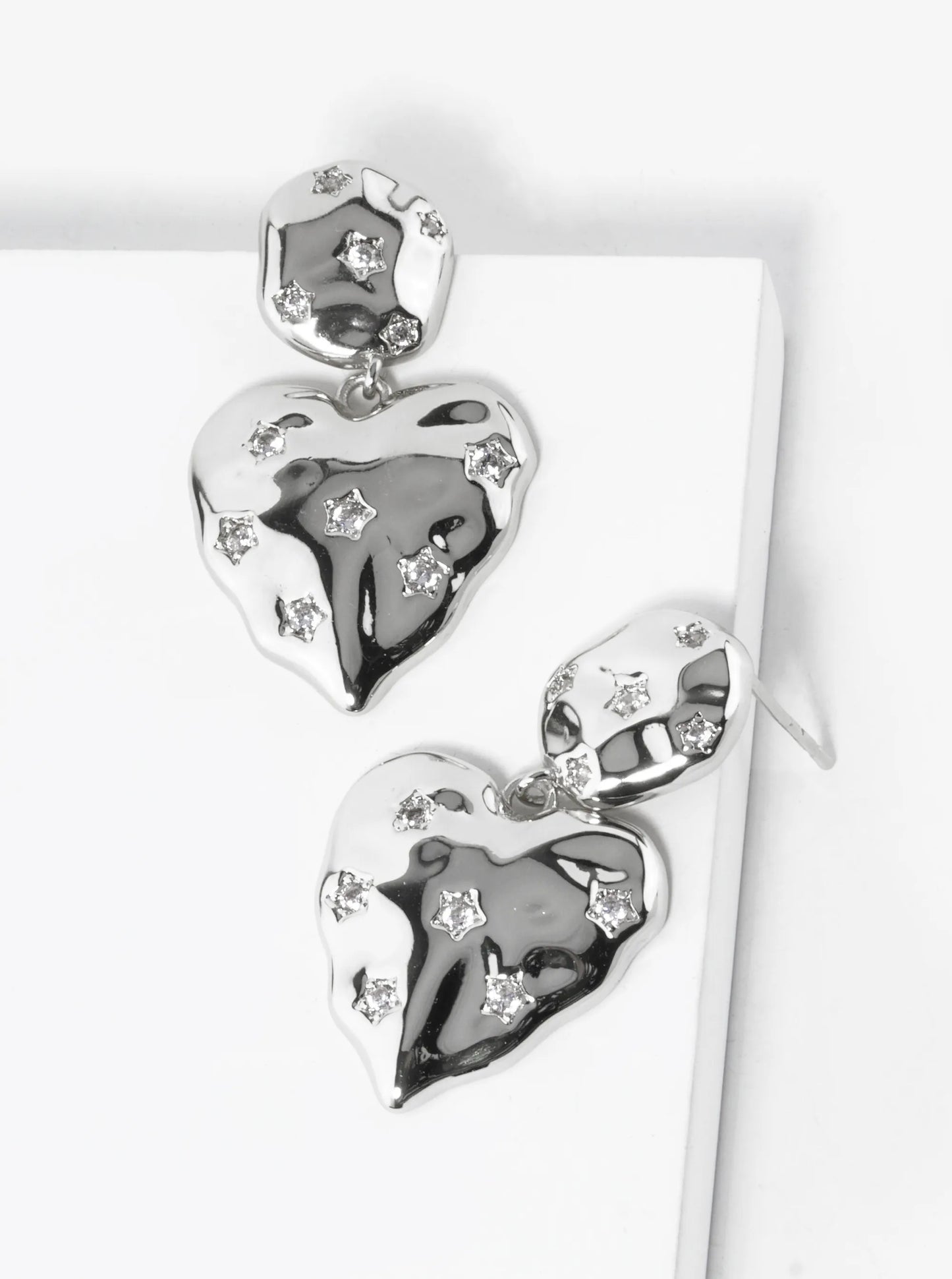 14K Gold Dipped Star Shape CZ Pave Hammered Heart Drop Earrings
