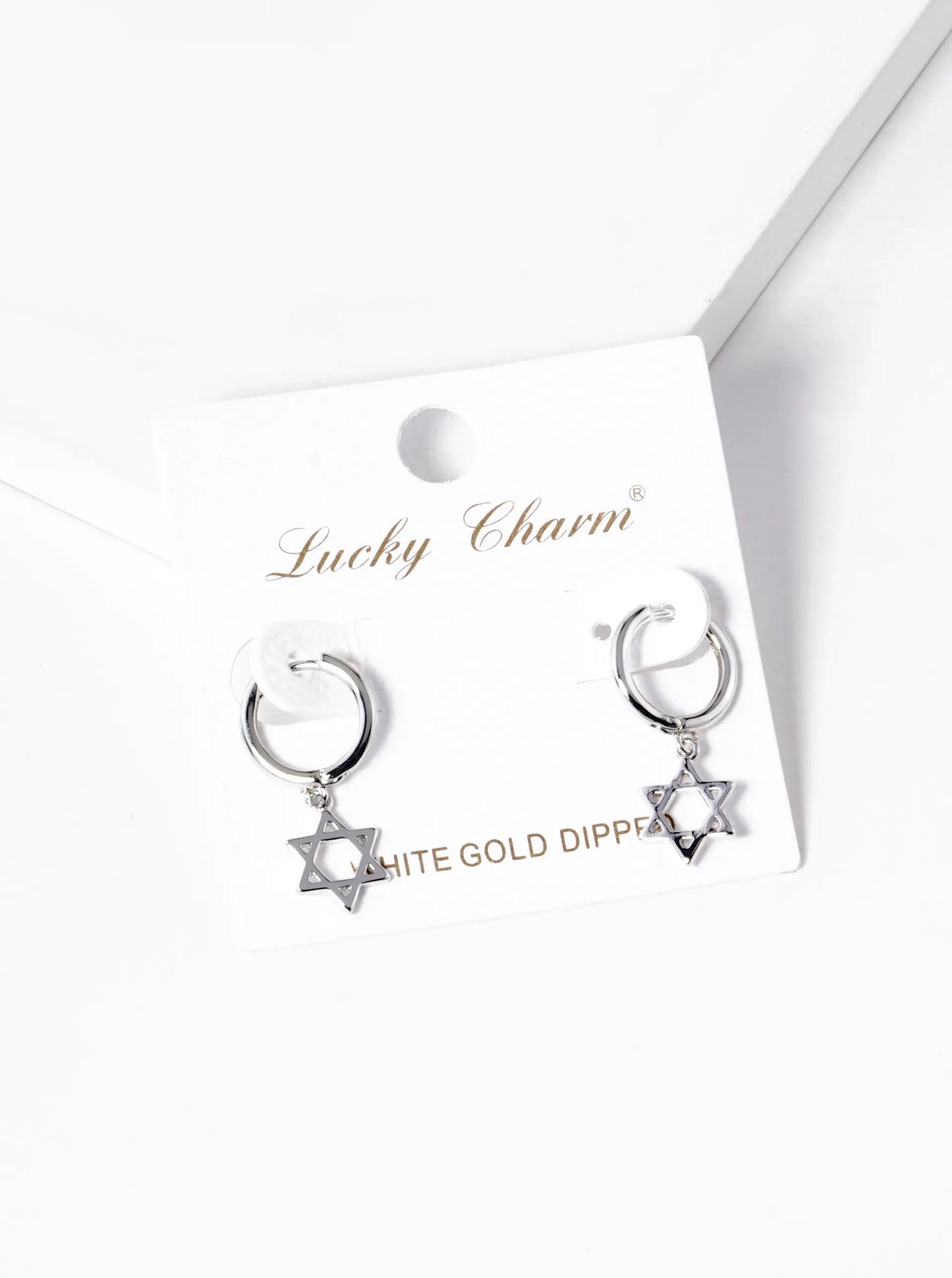 White Gold Dipped Star Of David Drop 10mm Huggie Hoop Earrings